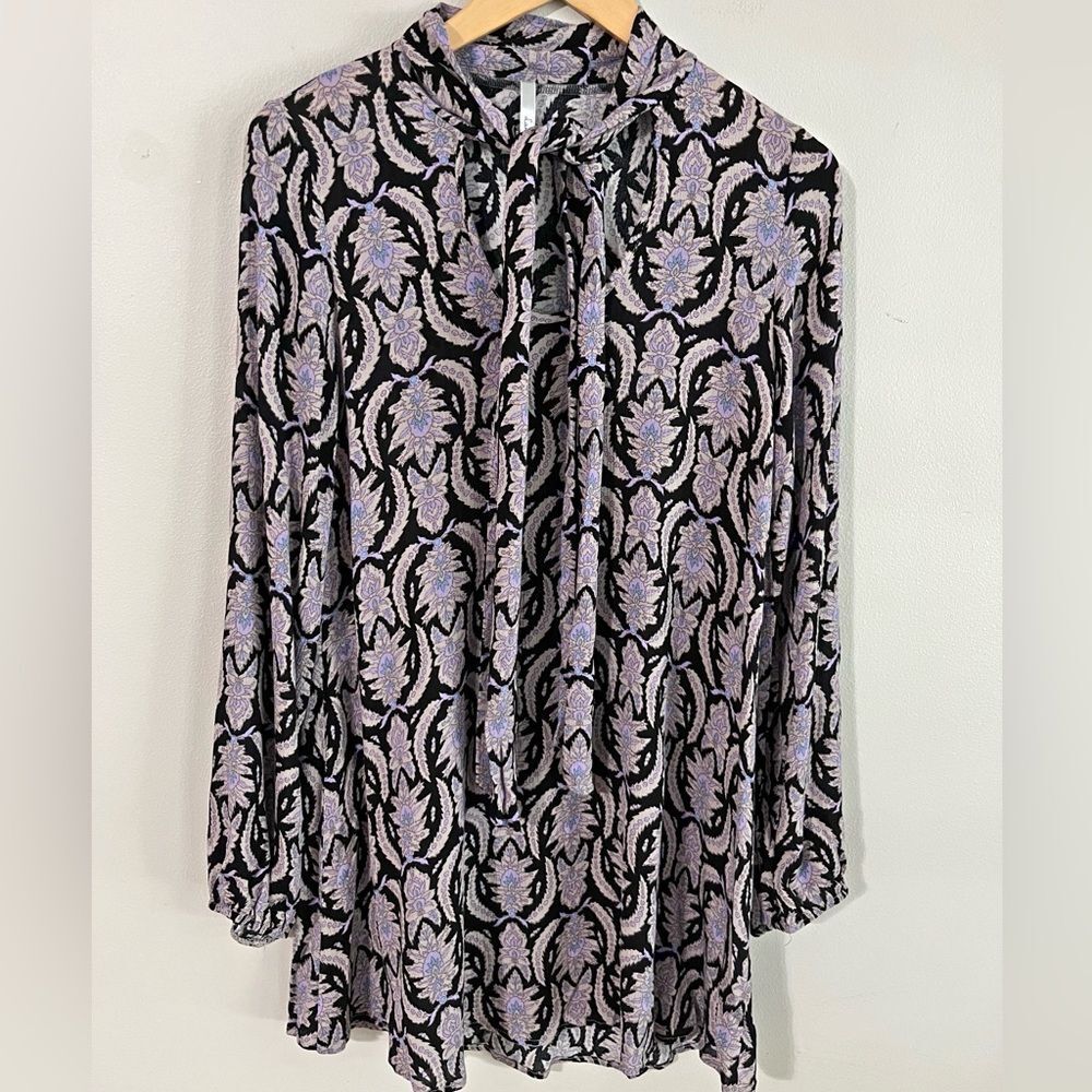 Lani California Boho Floral Tie Neck Mini Dress Tunic Black Purple Paisley S